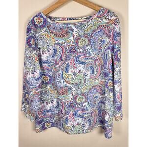 Talbots Womens Cotton Blouse Top Paisley Multicolor Boat Neck XL Coastal Preppy